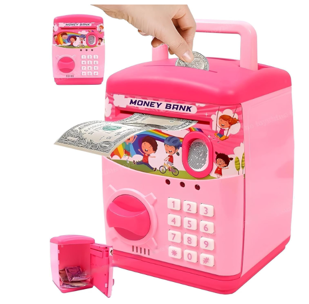 Premium Piggy Bank For Kids With Finger Print Smart Sensor Atm Savings Money Bank With Electronic Lock For Kids, Modern, Pink