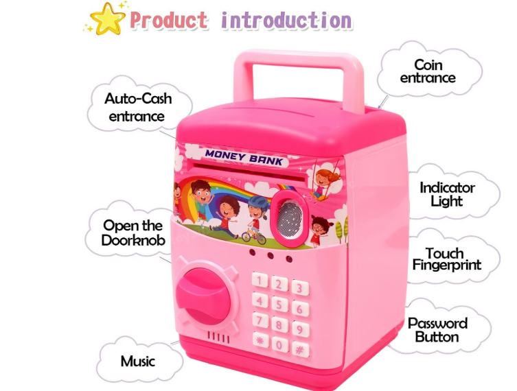 Premium Piggy Bank For Kids With Finger Print Smart Sensor Atm Savings Money Bank With Electronic Lock For Kids, Modern, Pink