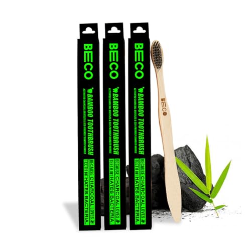 Beco Compostable Bamboo Toothbrush with Ultra-Soft Charcoal activated Bristles, 100% Natural & Eco-Friendly (Pack of 3)|B08GQ5QH4F
